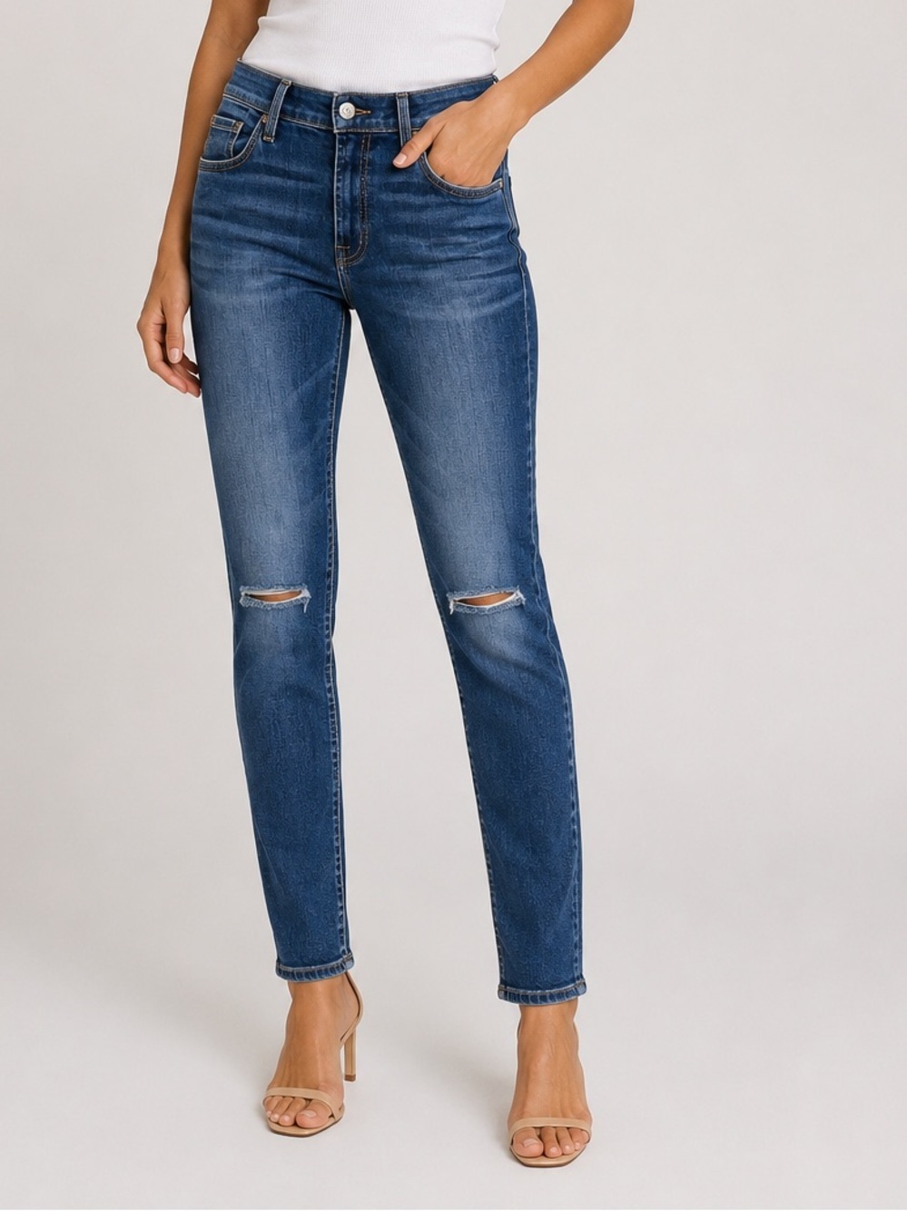 7 For All Mankind Straight Leg Jeans in Dark Blue with Knee Rips